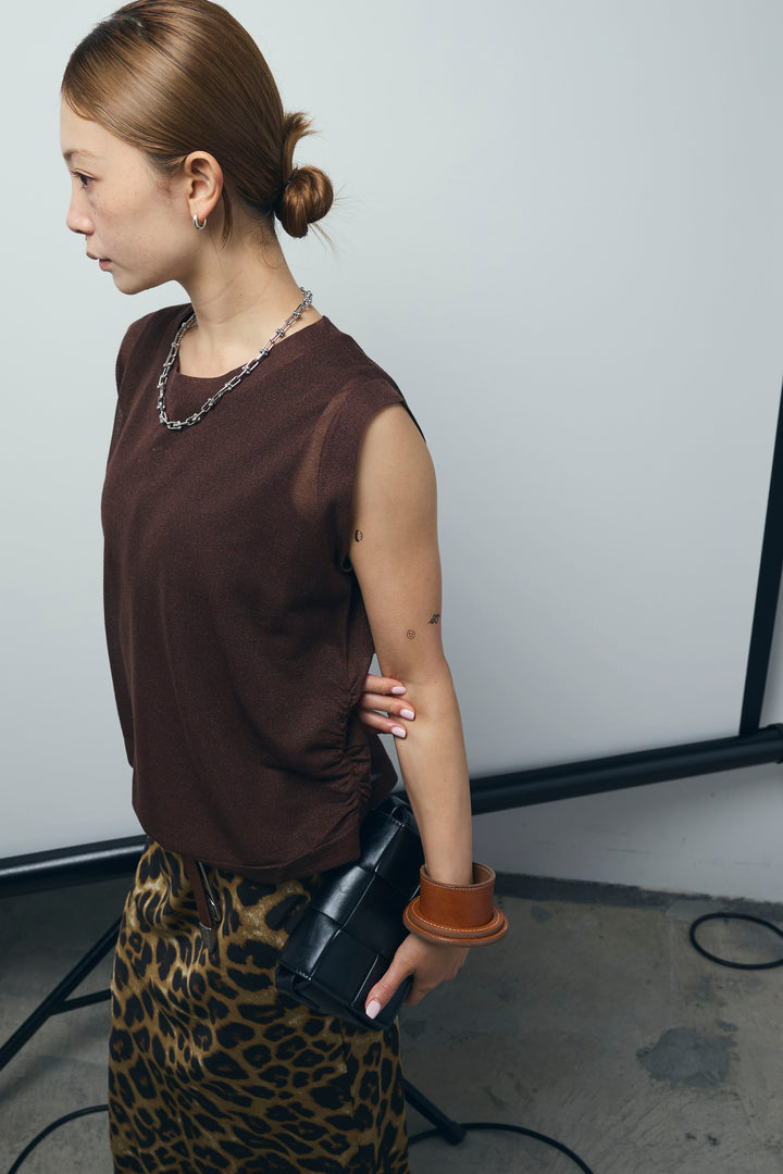 [予約/SET]リネン混ギャザーシアーニット+セルフカットリブヘンリーネックノースリーブトップス+レオパードナロースカート(3set)