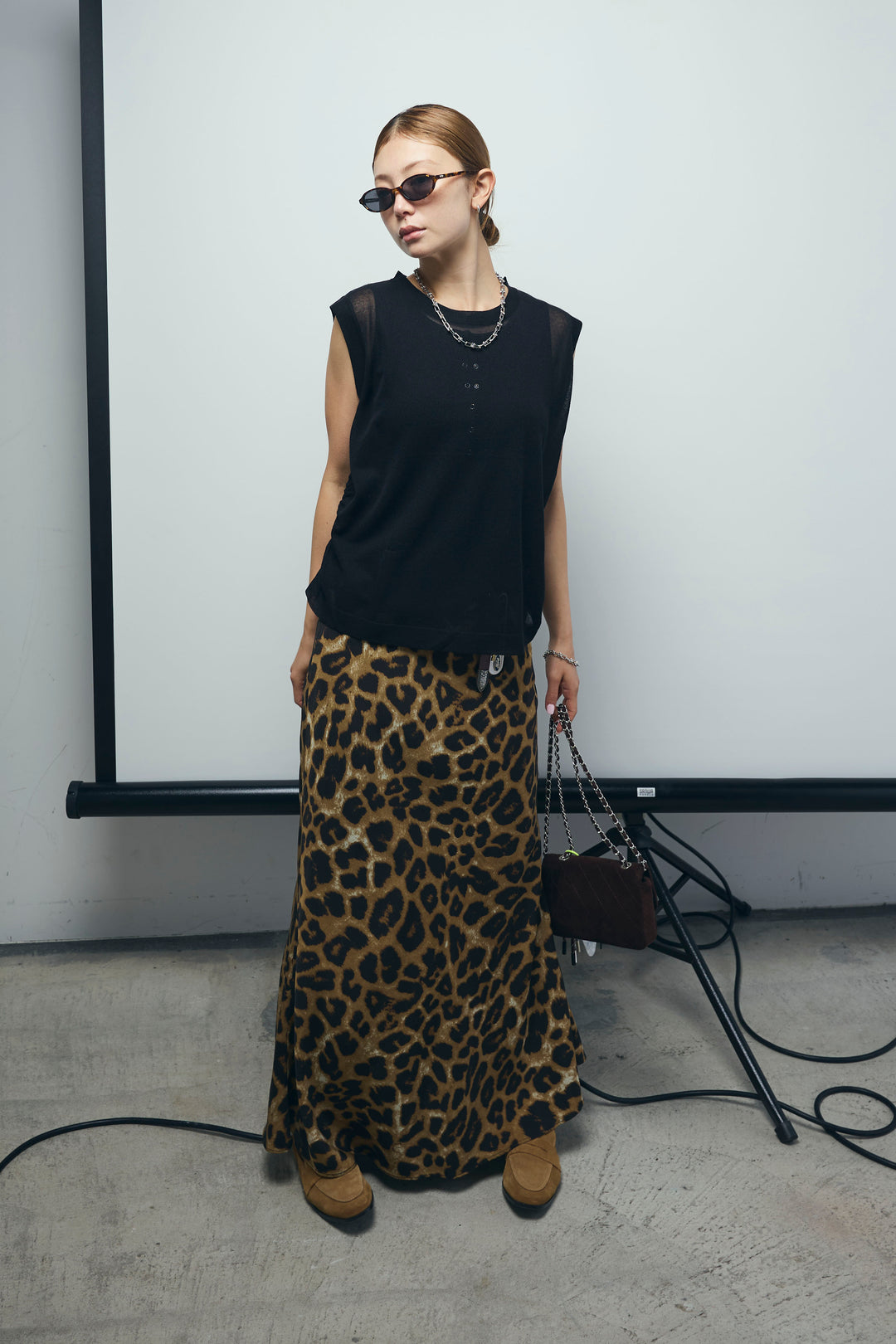 [予約/SET]リネン混ギャザーシアーニット+レオパードナロースカート(2set)