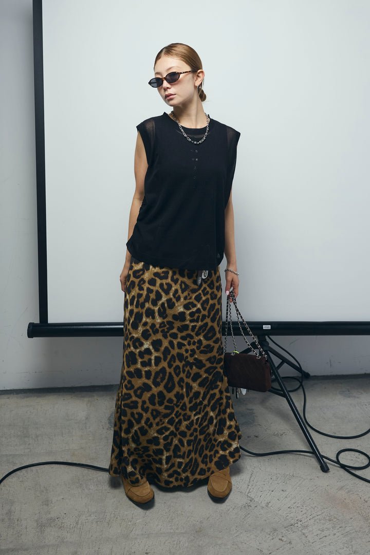 [予約/SET]リネン混ギャザーシアーニット+セルフカットリブヘンリーネックノースリーブトップス+レオパードナロースカート(3set)