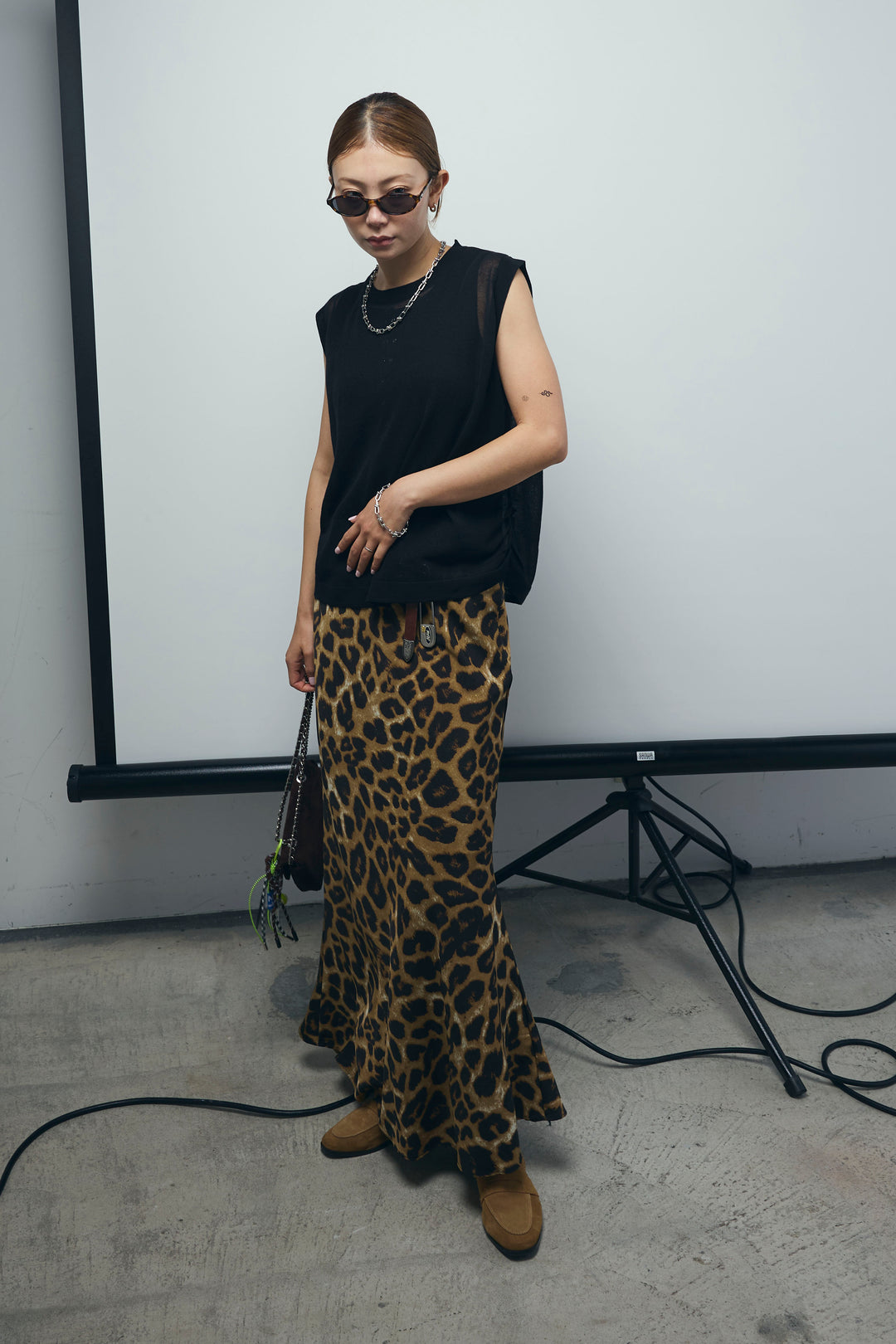 [予約/SET]リネン混ギャザーシアーニット+レオパードナロースカート(2set)