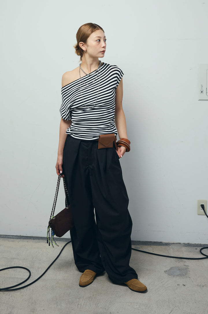 [予約/SET]アシメギャザーオフショルPO+デザインタックパンツ(2set)