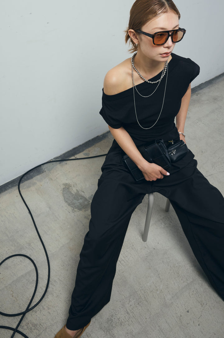 [予約/SET]アシメギャザーオフショルPO+デザインタックパンツ(2set)