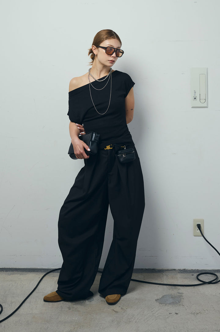 [予約/SET]アシメギャザーオフショルPO+デザインタックパンツ(2set)