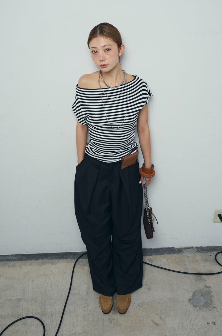 [予約/SET]アシメギャザーオフショルPO+デザインタックパンツ(2set)