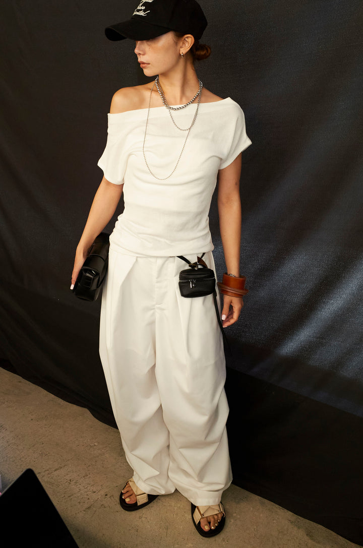 [予約/SET]アシメギャザーオフショルPO+デザインタックパンツ(2set)