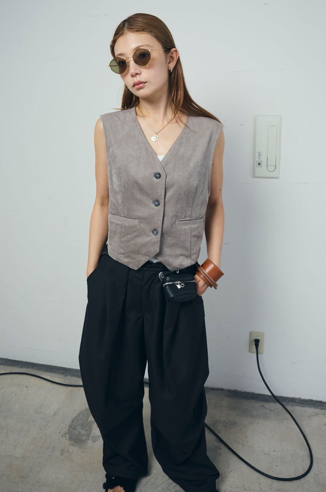 [予約/SET]フェイクスエードベスト+デザインタックパンツ(2set)