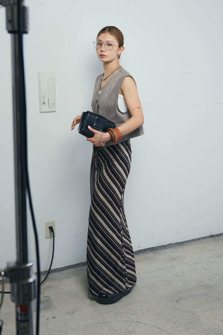 [予約/SET]フェイクスエードベスト+マルチストライプナロースカート(2set)