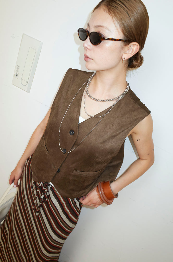 [予約/SET]フェイクスエードベスト+マルチストライプナロースカート(2set)