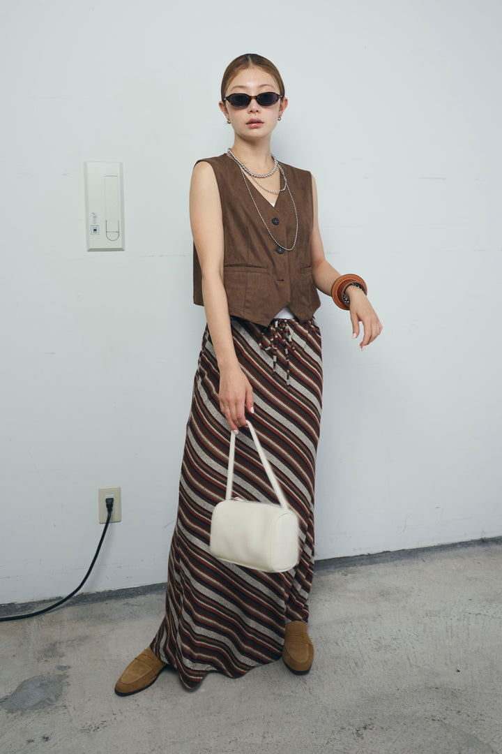 [予約/SET]フェイクスエードベスト+マルチストライプナロースカート(2set)