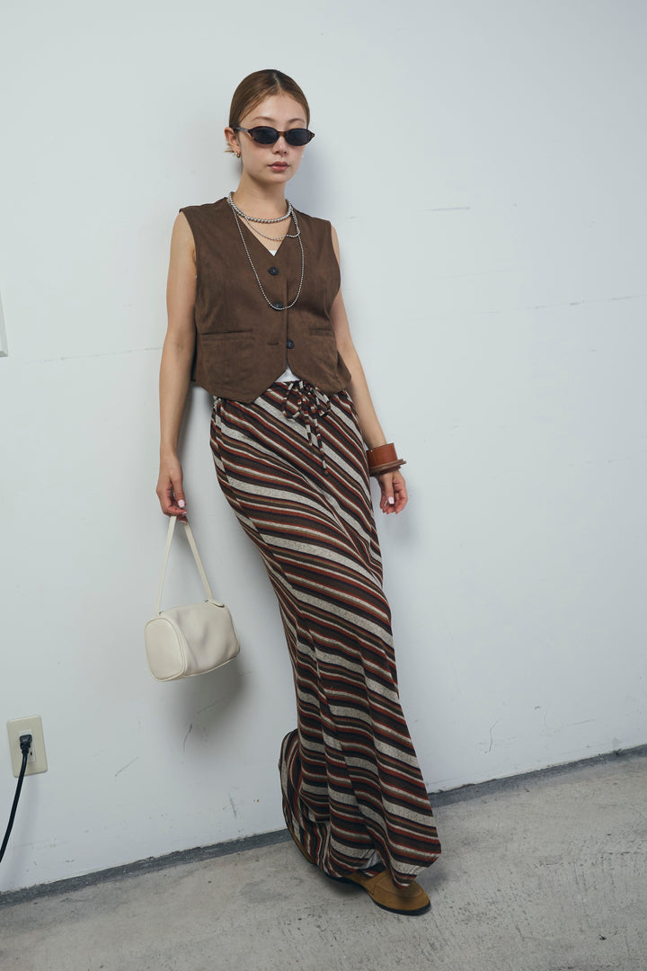 [予約/SET]フェイクスエードベスト+マルチストライプナロースカート(2set)