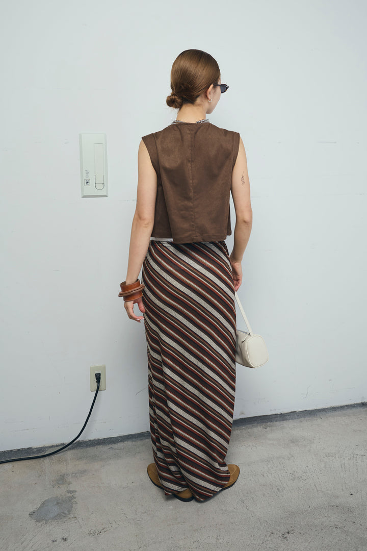 [予約/SET]フェイクスエードベスト+マルチストライプナロースカート(2set)