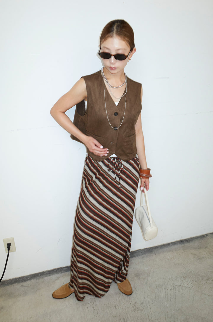 [予約/SET]フェイクスエードベスト+マルチストライプナロースカート(2set)