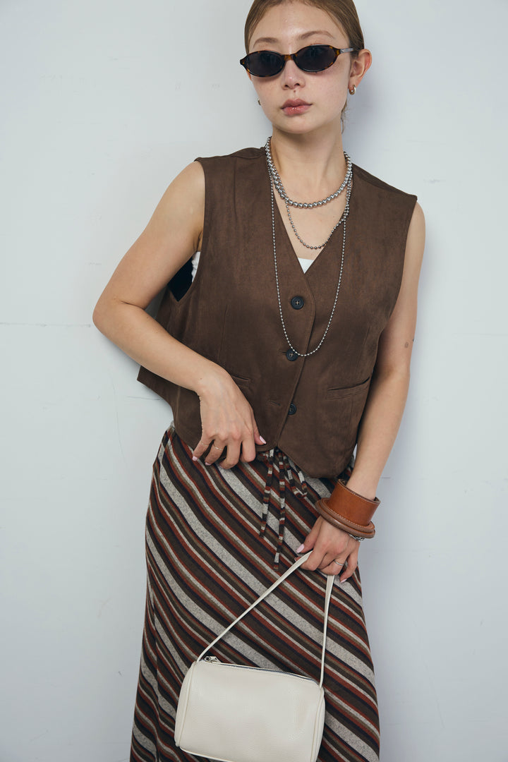 [予約/SET]フェイクスエードベスト+マルチストライプナロースカート(2set)