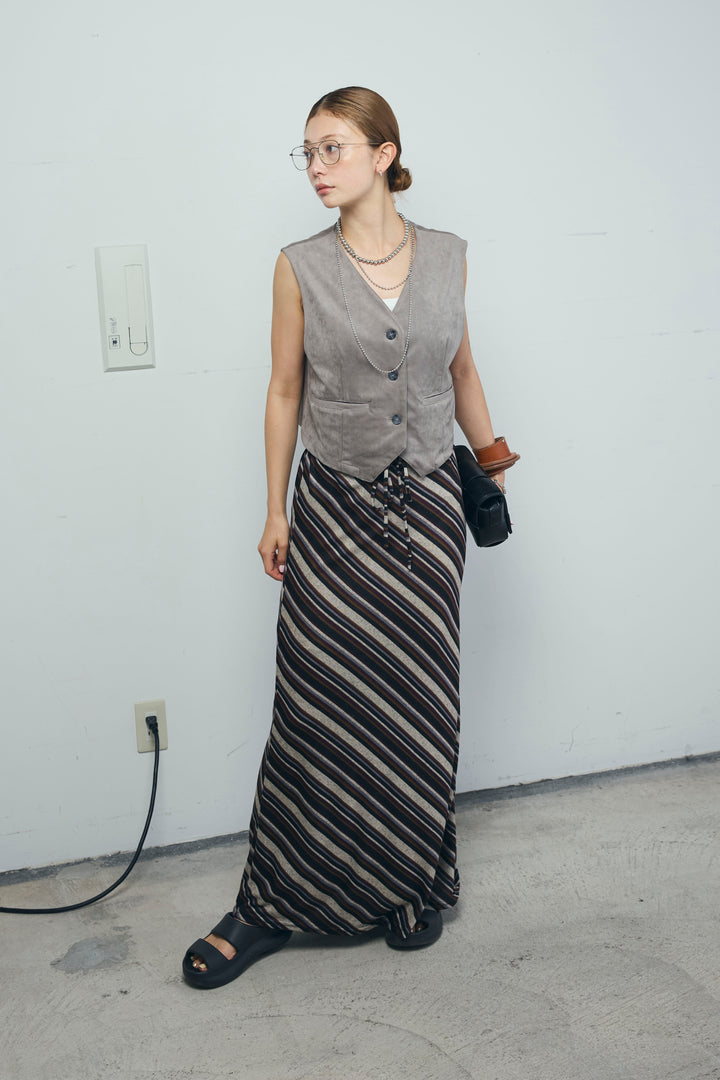 [予約/SET]フェイクスエードベスト+マルチストライプナロースカート(2set)