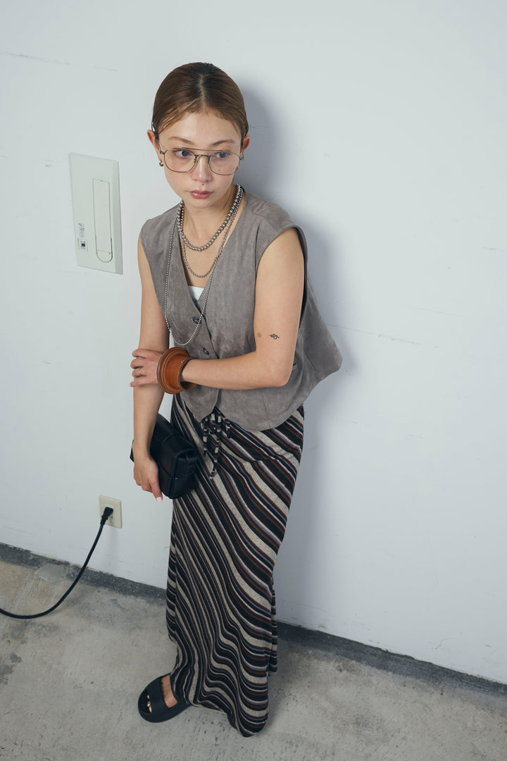 [予約/SET]フェイクスエードベスト+マルチストライプナロースカート(2set)