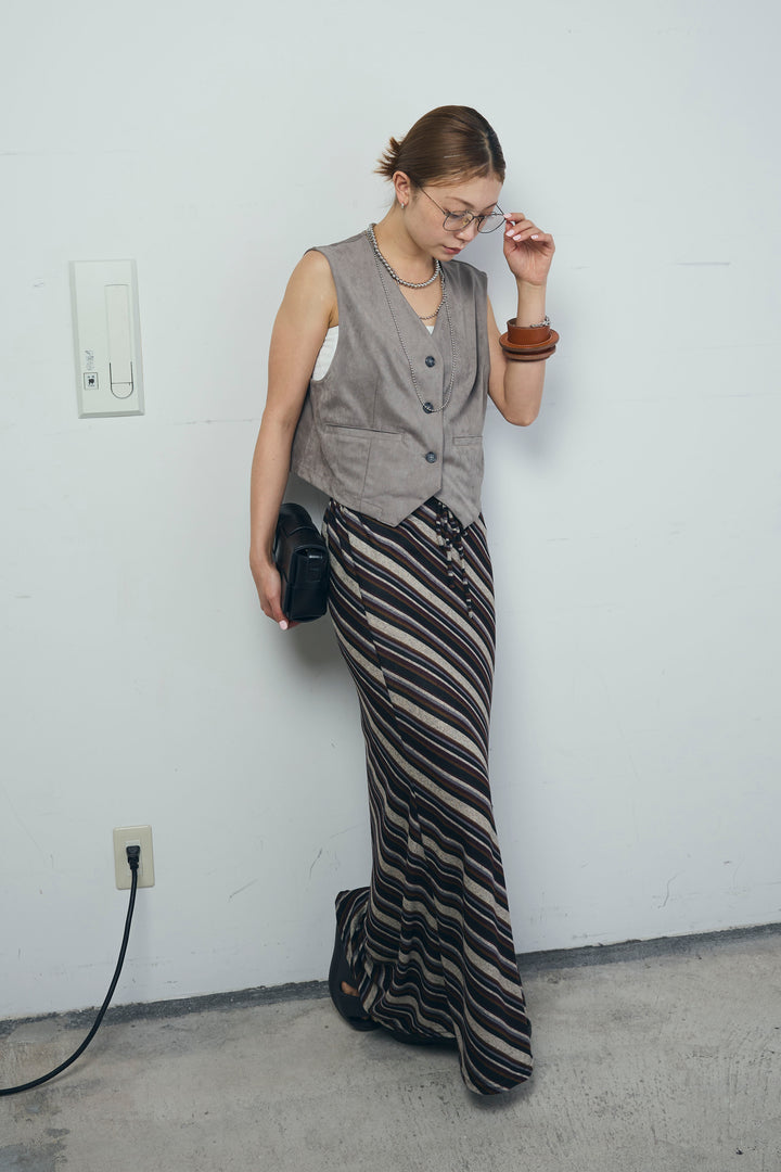 [予約/SET]フェイクスエードベスト+マルチストライプナロースカート(2set)