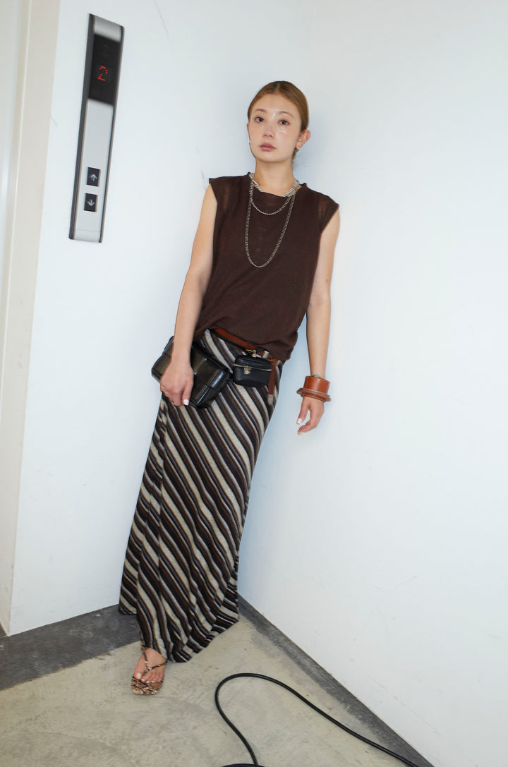 [予約/SET]リネン混ギャザーシアーニット+マルチストライプナロースカート(2set)