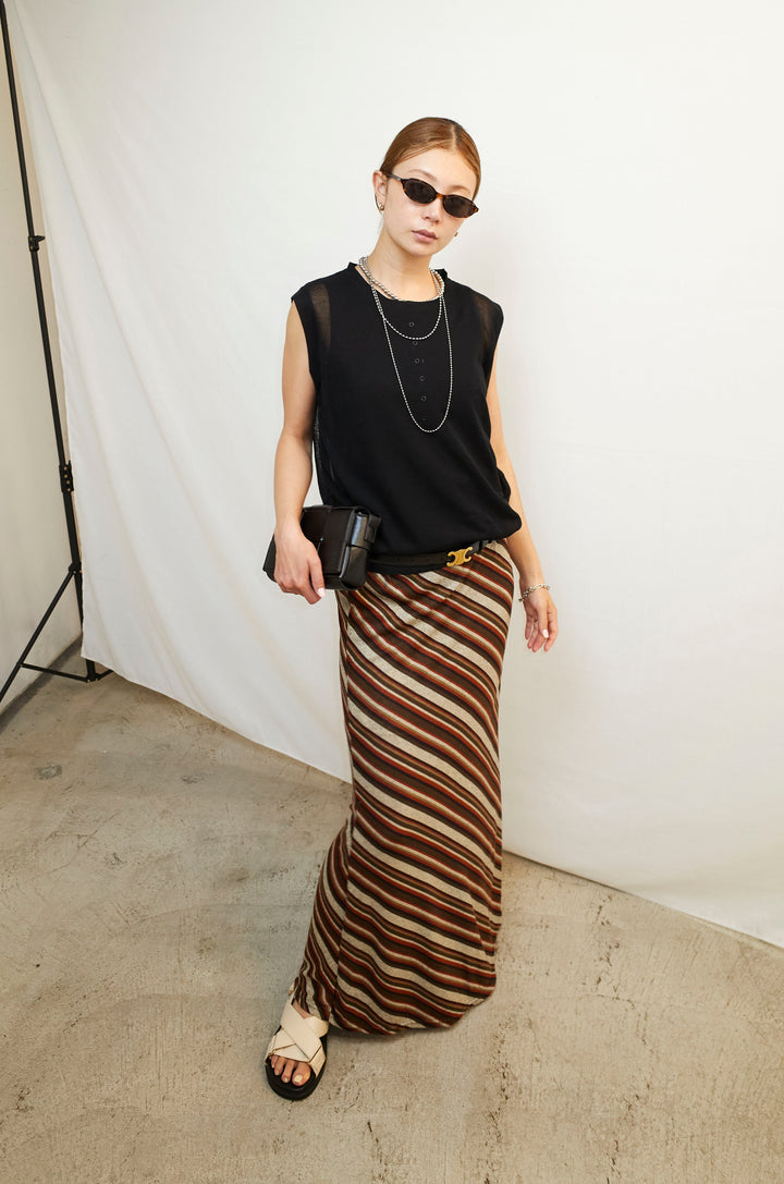 [予約/SET]リネン混ギャザーシアーニット+マルチストライプナロースカート(2set)