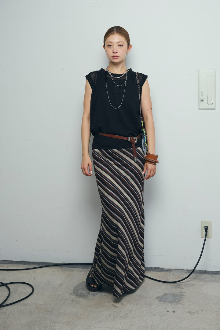 [予約/SET]リネン混ギャザーシアーニット+マルチストライプナロースカート(2set)