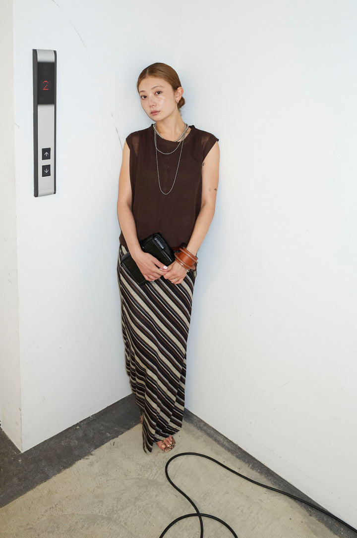 [予約/SET]リネン混ギャザーシアーニット+マルチストライプナロースカート(2set)