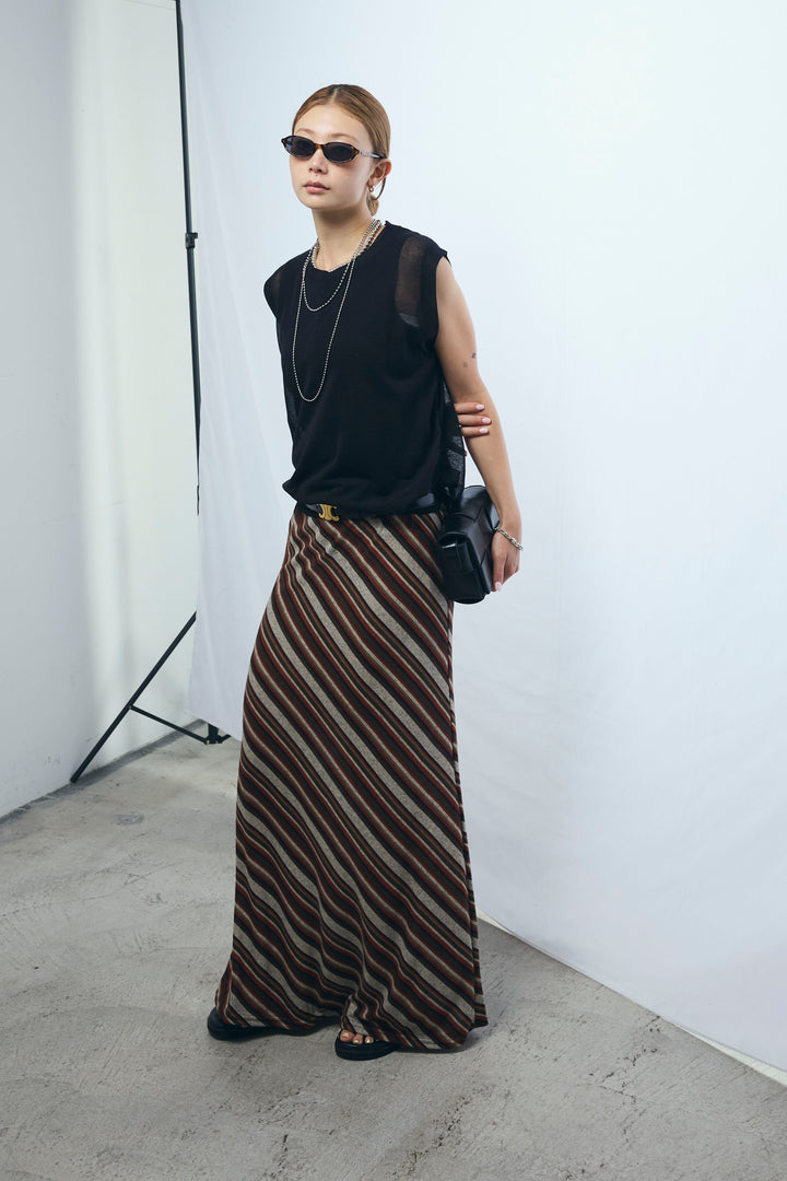 [予約/SET]リネン混ギャザーシアーニット+セルフカットリブヘンリーネックノースリーブトップス+マルチストライプナロースカート(3set)