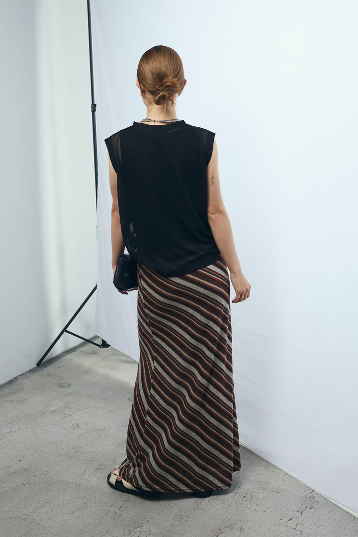 [予約/SET]リネン混ギャザーシアーニット+マルチストライプナロースカート(2set)