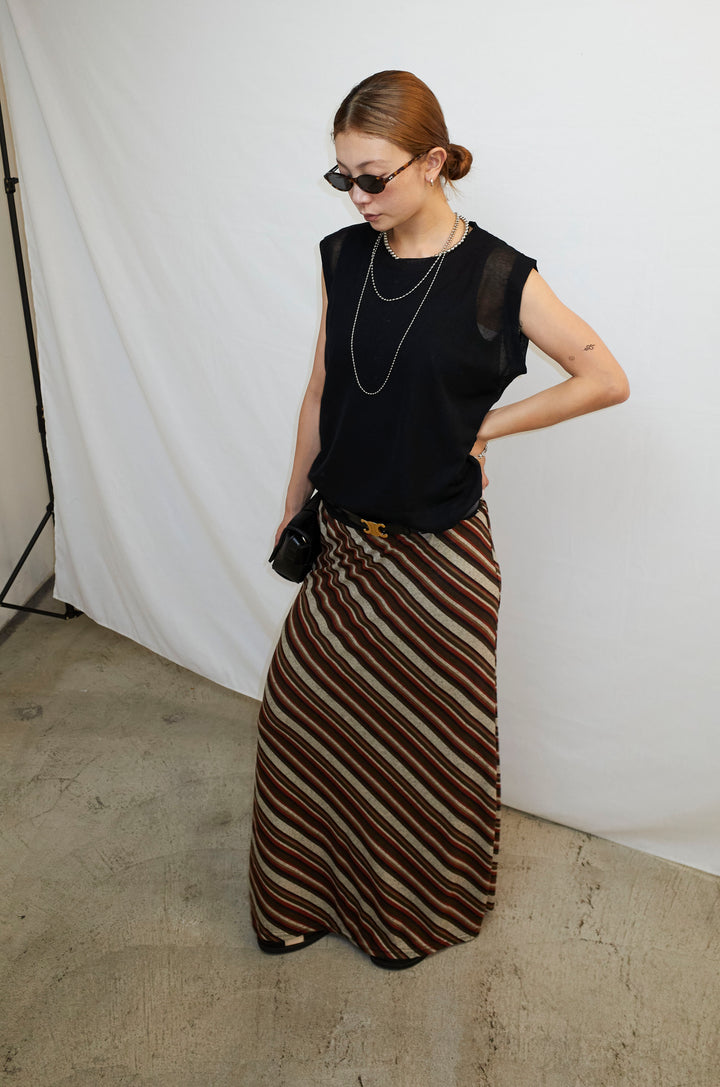 [予約/SET]リネン混ギャザーシアーニット+セルフカットリブヘンリーネックノースリーブトップス+マルチストライプナロースカート(3set)