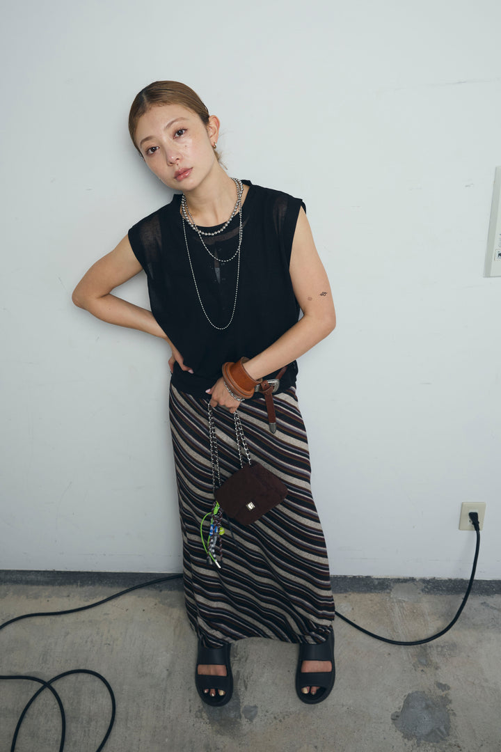 [予約/SET]リネン混ギャザーシアーニット+マルチストライプナロースカート(2set)