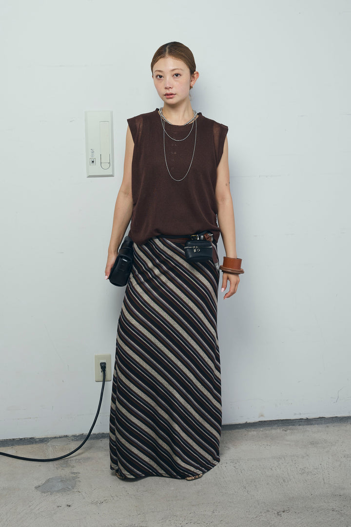 [予約/SET]リネン混ギャザーシアーニット+マルチストライプナロースカート(2set)