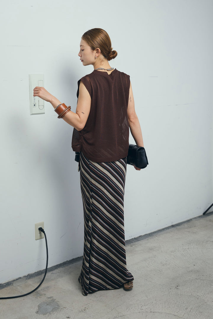 [予約/SET]リネン混ギャザーシアーニット+マルチストライプナロースカート(2set)