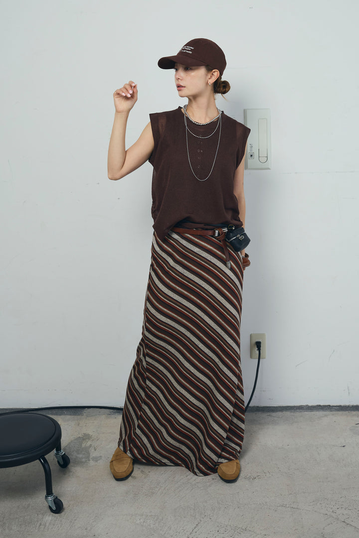 [予約/SET]リネン混ギャザーシアーニット+マルチストライプナロースカート(2set)