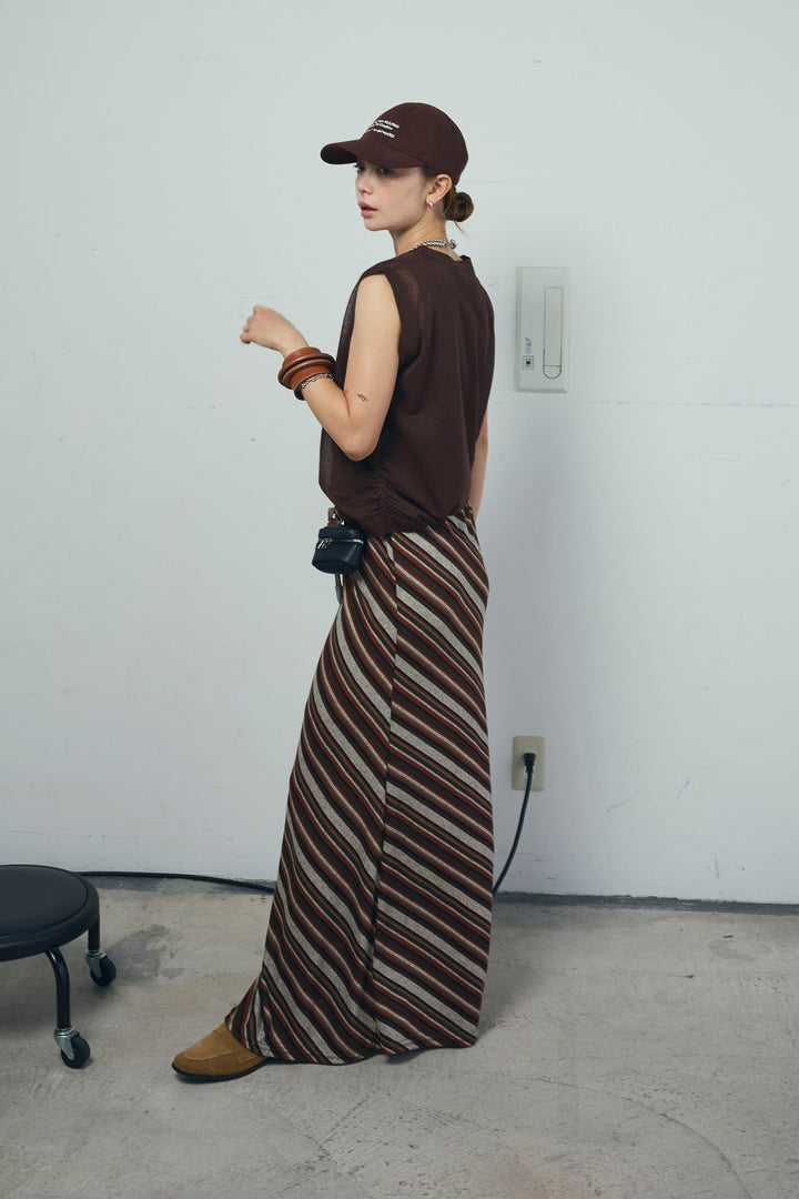 [予約/SET]リネン混ギャザーシアーニット+マルチストライプナロースカート(2set)