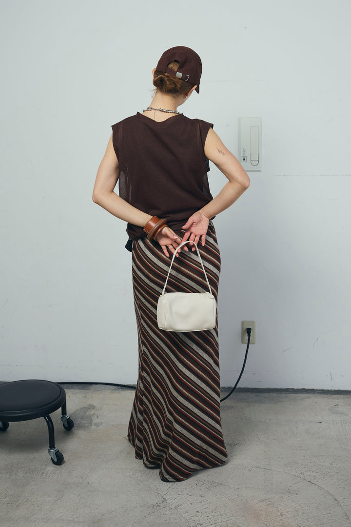 [予約/SET]リネン混ギャザーシアーニット+セルフカットリブヘンリーネックノースリーブトップス+マルチストライプナロースカート(3set)