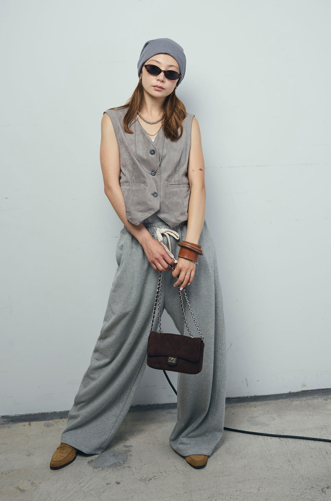 [予約/SET]フェイクスエードベスト+ルーズワイドスウェットパンツ(2set)