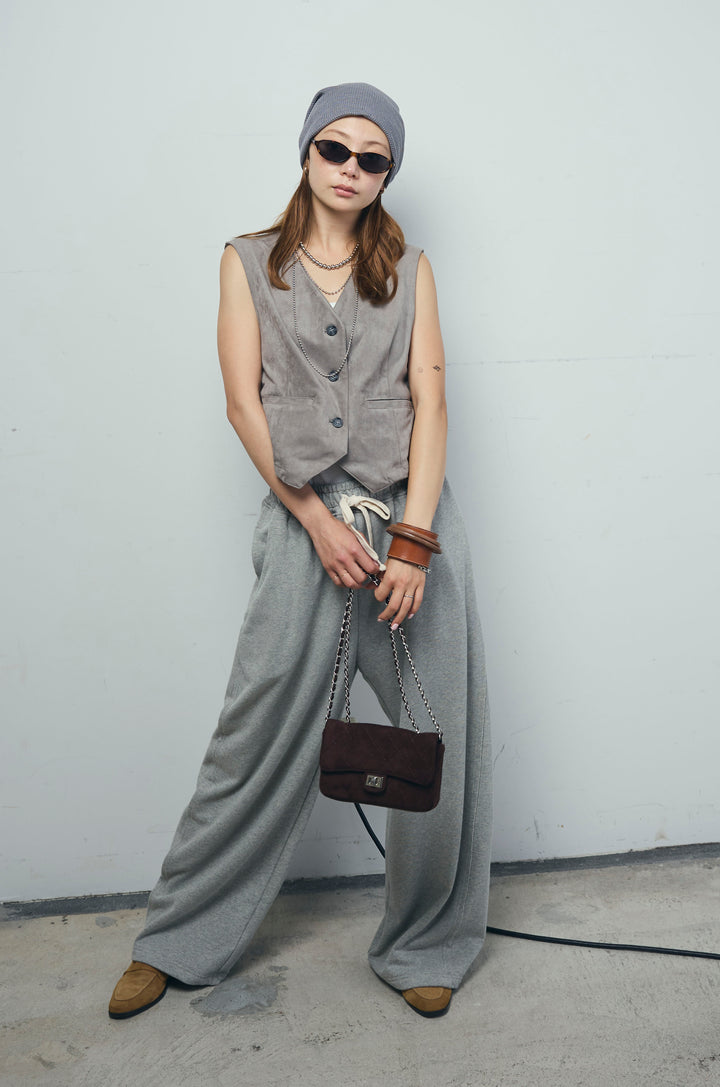 [予約/SET]フェイクスエードベスト+ルーズワイドスウェットパンツ(2set)