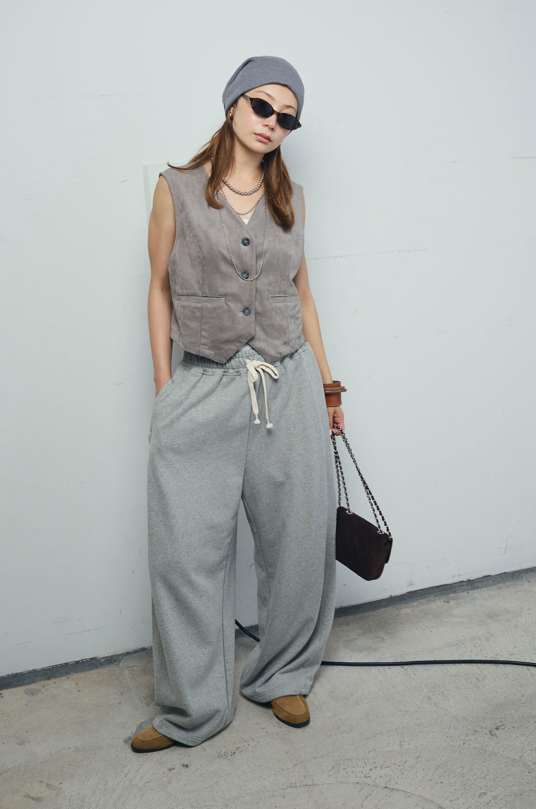 [予約/SET]フェイクスエードベスト+ルーズワイドスウェットパンツ(2set)