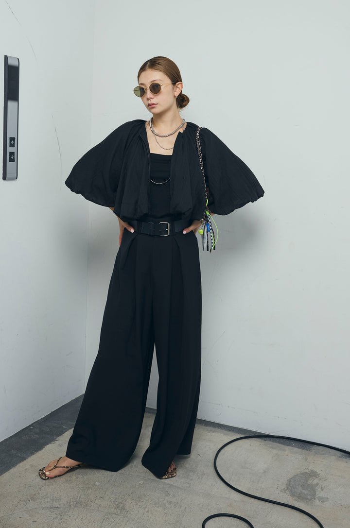 [予約/SET]ガーゼバルーンショートブルゾン+太ベルト付きワイドパンツ(2set)