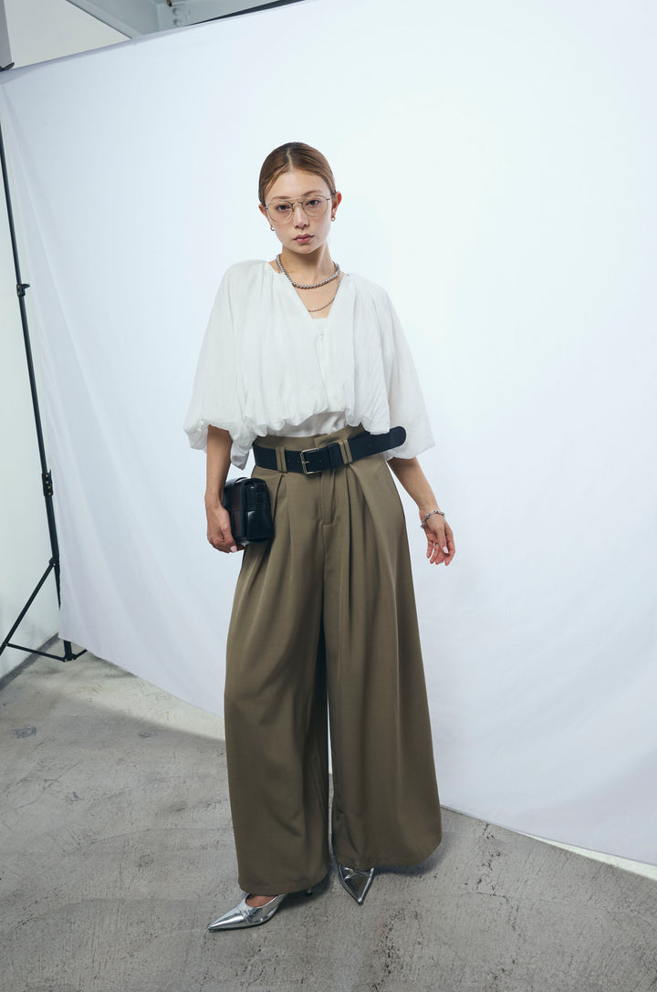 [予約/SET]ガーゼバルーンショートブルゾン+太ベルト付きワイドパンツ(2set)