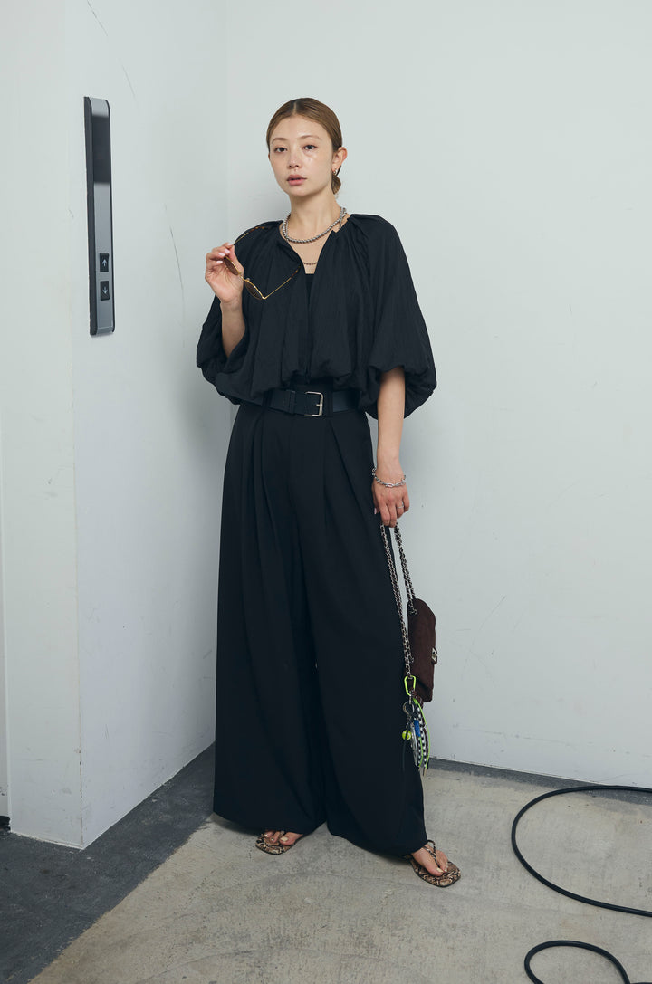 [予約/SET]ガーゼバルーンショートブルゾン+太ベルト付きワイドパンツ(2set)