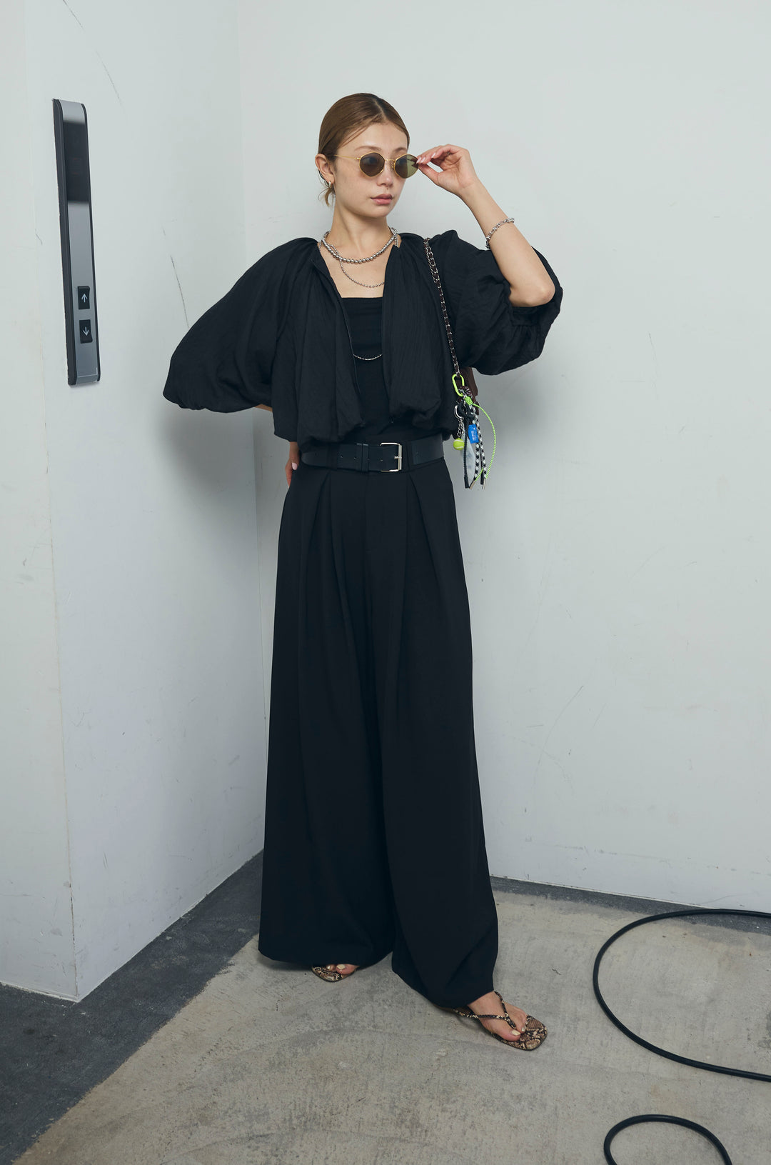 [予約/SET]ガーゼバルーンショートブルゾン+太ベルト付きワイドパンツ(2set)