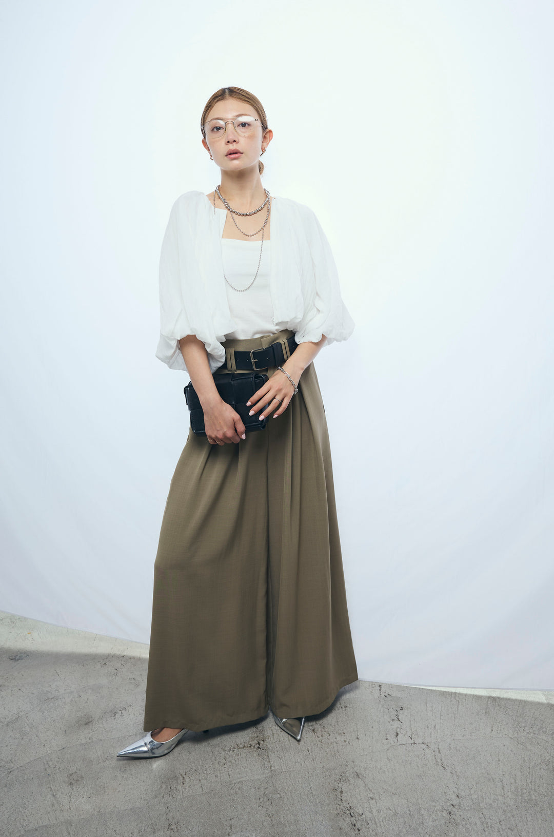 [予約/SET]ガーゼバルーンショートブルゾン+太ベルト付きワイドパンツ(2set)