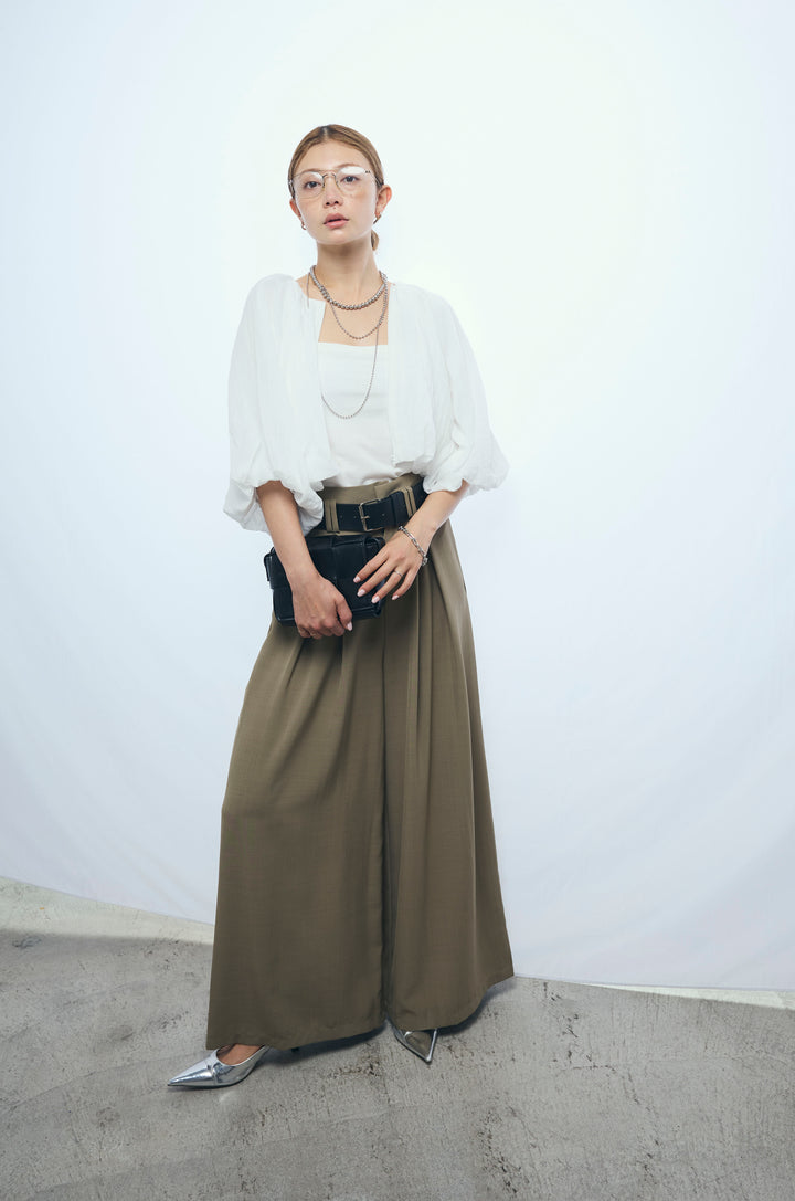 [予約/SET]ガーゼバルーンショートブルゾン+太ベルト付きワイドパンツ(2set)