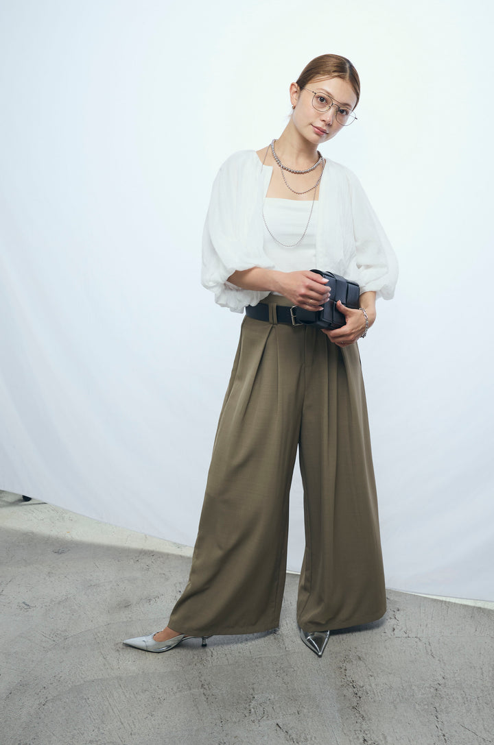 [予約/SET]ガーゼバルーンショートブルゾン+太ベルト付きワイドパンツ(2set)