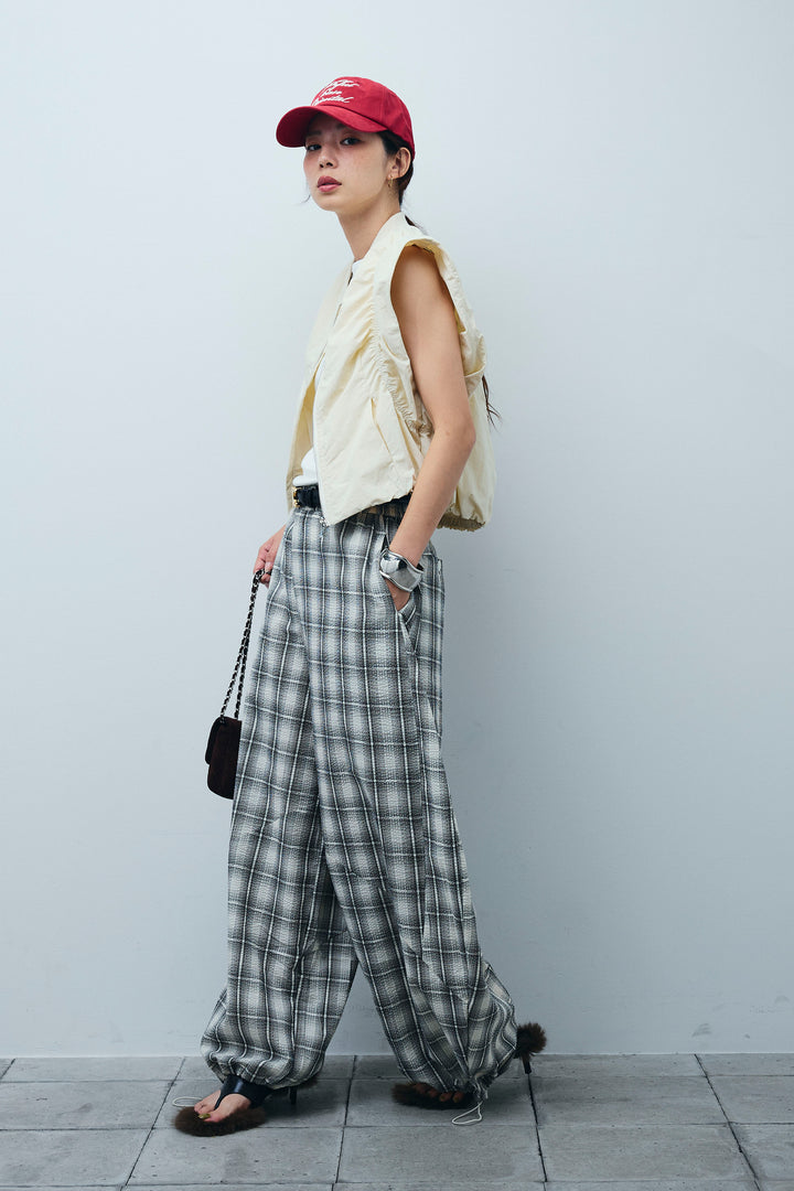 [予約/SET]ノースリギャザーブルゾン+チェックバレルレッグワイドパンツ(2set)