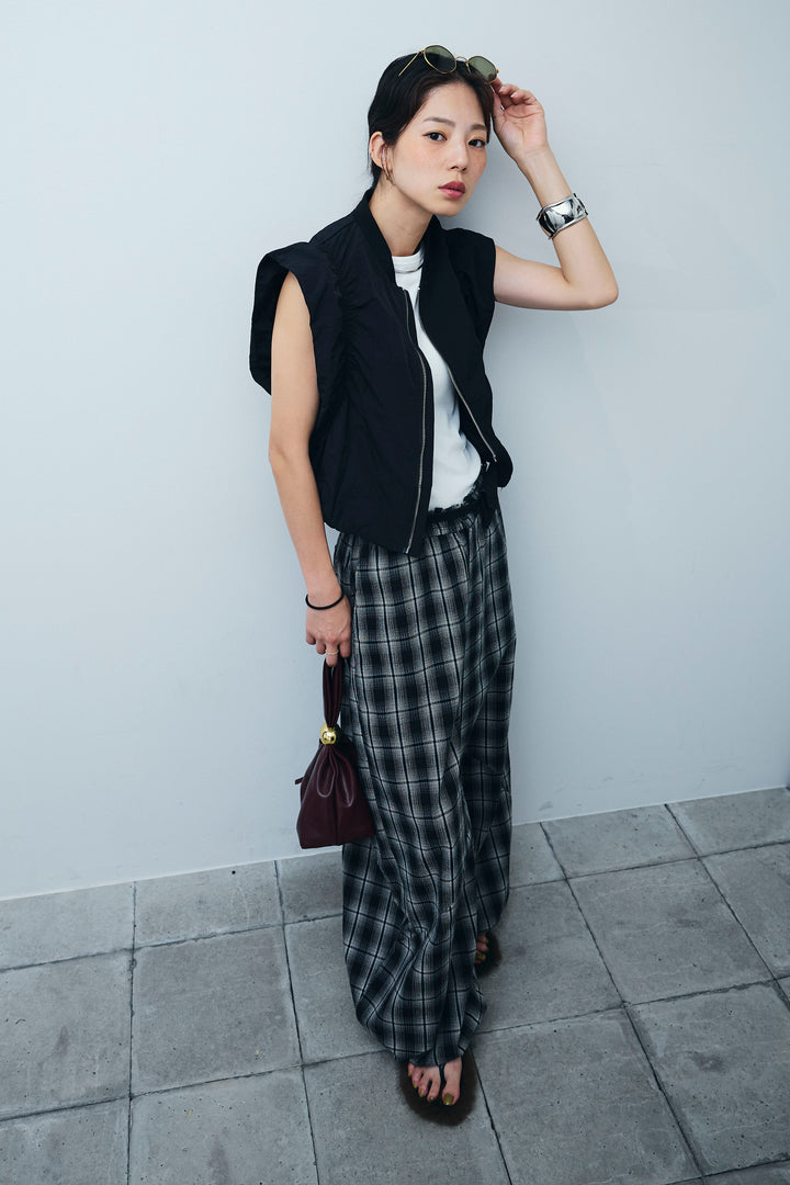 [予約/SET]ノースリギャザーブルゾン+チェックバレルレッグワイドパンツ(2set)