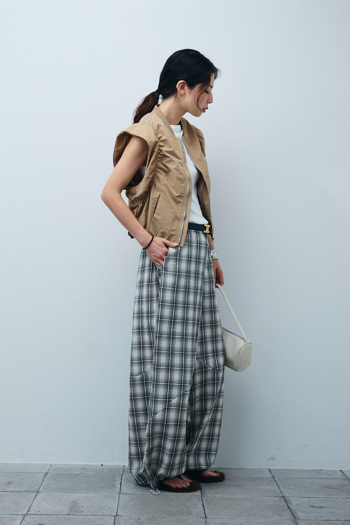 [予約/SET]ノースリギャザーブルゾン+チェックバレルレッグワイドパンツ(2set)