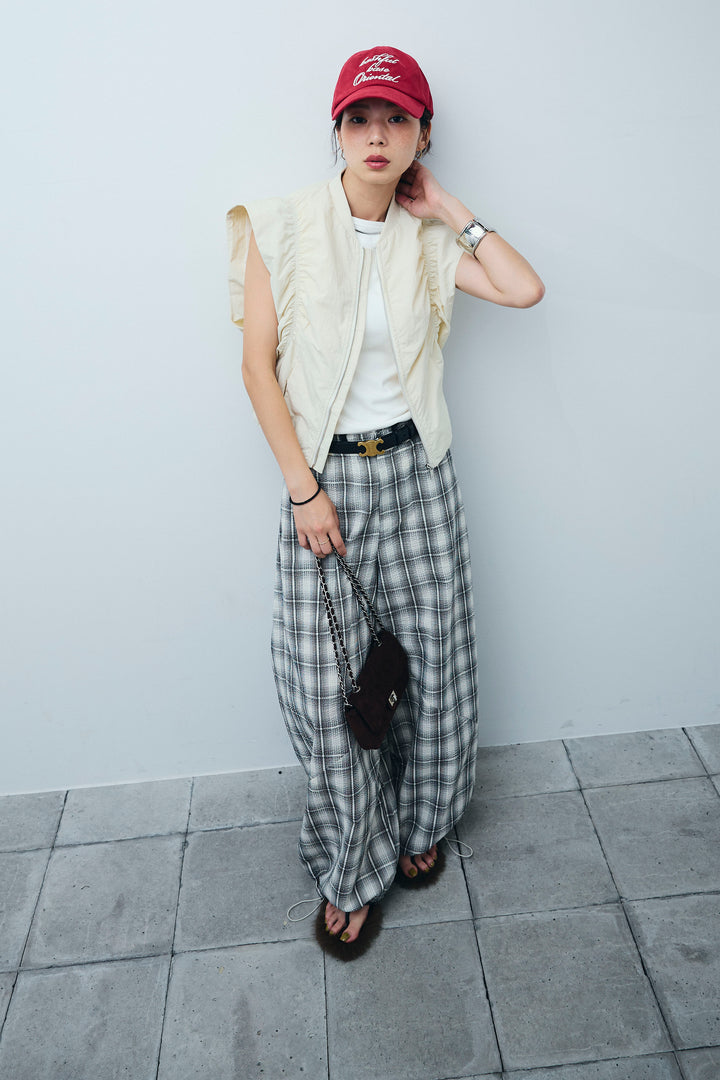 [予約/SET]ノースリギャザーブルゾン+チェックバレルレッグワイドパンツ(2set)