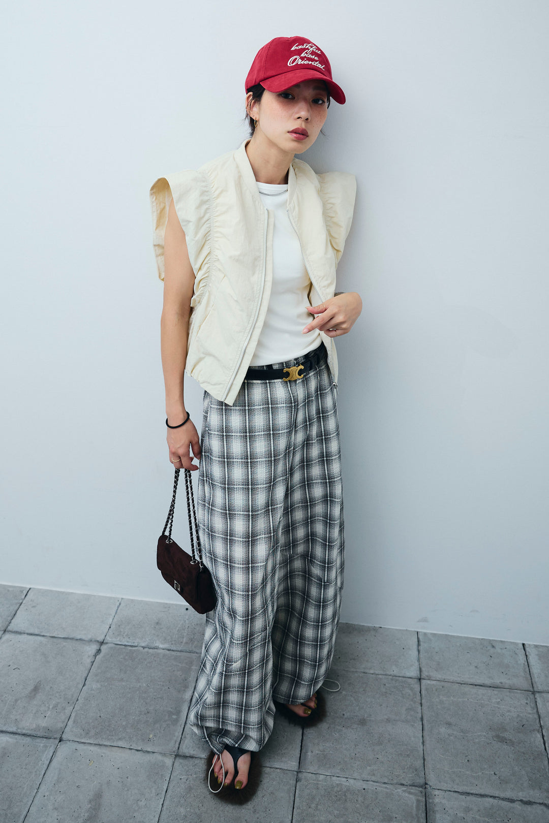 [予約/SET]ノースリギャザーブルゾン+チェックバレルレッグワイドパンツ(2set)