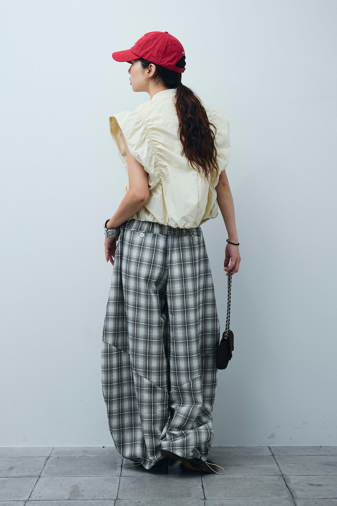 [予約/SET]ノースリギャザーブルゾン+チェックバレルレッグワイドパンツ(2set)