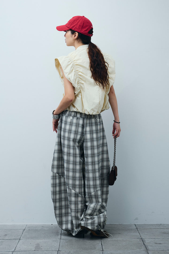 [予約/SET]ノースリギャザーブルゾン+チェックバレルレッグワイドパンツ(2set)